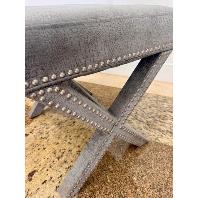 2000 - 2009 Pair of Early 2000s Faux Crocodile X-Base Benches With Nailhead Trim For Sale - Image 5 of 10