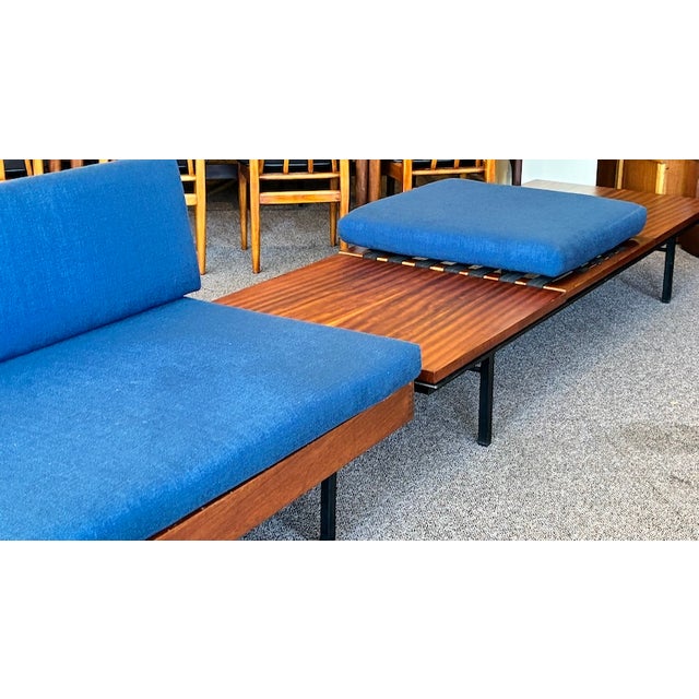 Cornflower Blue European Mid Century Modern Teak Frame Platform Sofa / Day Bed c.1960 For Sale - Image 8 of 9