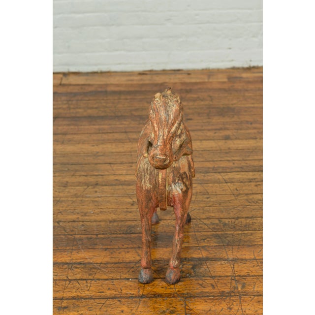 Indian Mid 20th Century Small Vintage Indian Exterior Rust Colored and Carved Wooden Horse from Madras For Sale - Image 3 of 13