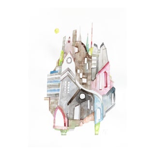 Austin Skyline - Original Multicolor Austin Cityscape Watercolor Painting on Paper by Maria C Bernhardsson For Sale