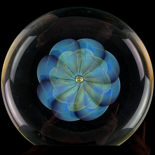 Beautiful transparent Sommerso opalescent golden yellow double floral design studio art glass paperweight. The piece has a...