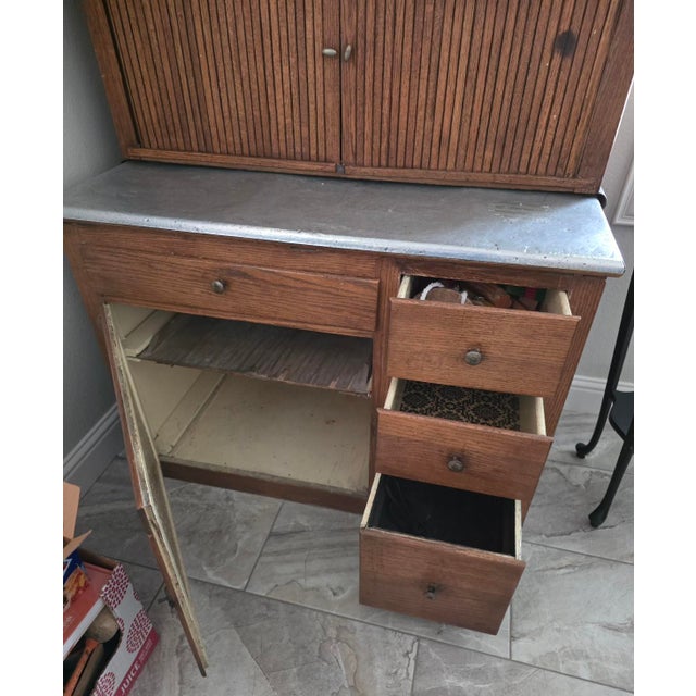 Wood Antique Oak Hoosier Kitchen Cabinet With Slide-Out Zinc Counter & Tambour Doors For Sale - Image 7 of 9