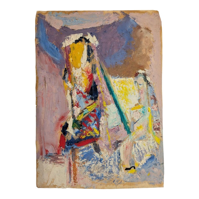 Vintage Mid-Century Expressionist Figural Interior Oil Painting Paper For Sale