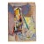 Vintage Mid-Century Expressionist Figural Interior Oil Painting Paper For Sale