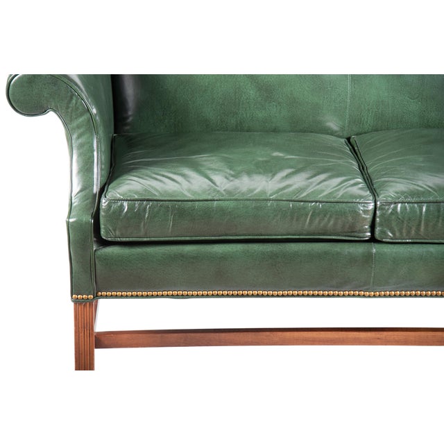 Ethan Allen Green Leather Camelback Chippendale Settee - Vintage Late 20th Century. This beautiful leather piece was made...