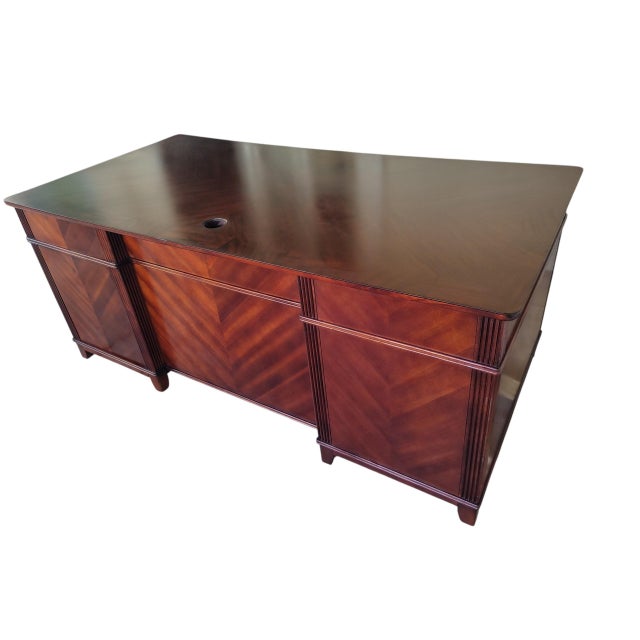 Restored French Art Deco Executive Desk | 72" Sunburst Veneer Pedestal Desk For Sale - Image 12 of 16