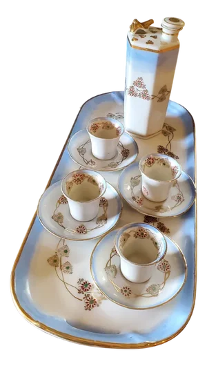 Vintage Japanese Murani Sake Set with Whistling Bird Decanter, Geisha Cups and Long Tray, 1920s, Set of 10