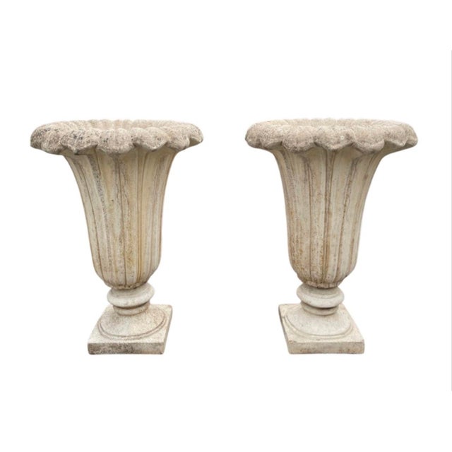 Pair of Neoclassical Fluted Cast Stone Garden Urns For Sale In West Palm - Image 6 of 12