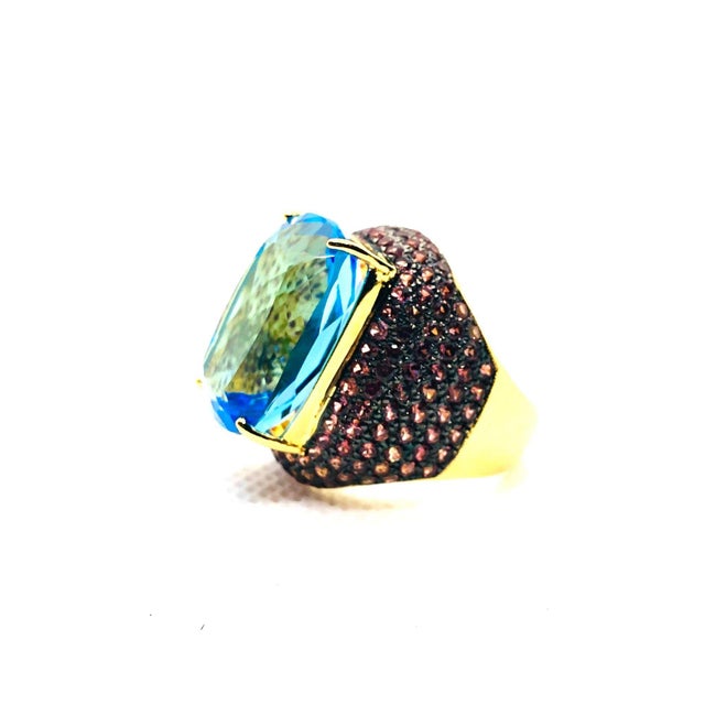 Bochic “Orient” Vintage London Blue Topaz & Orange Sapphire Ring, 18K Gold & Sil For Sale - Image 11 of 16