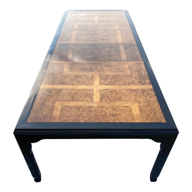 Chinoiserie Chin Hua collection near 10’ extendable dining table in black lacquer, with burlwood top, all original...