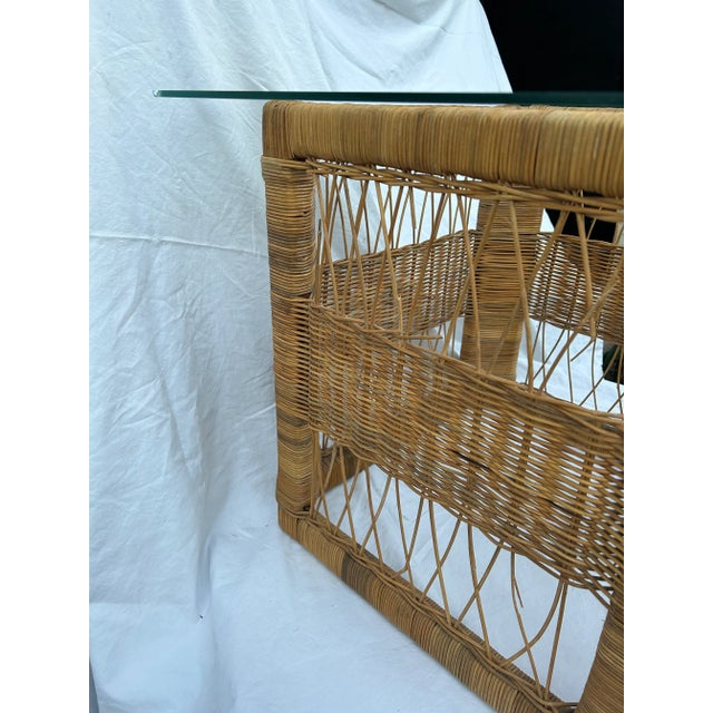 Brown 1970’s Woven Wicker Natural RattanTable With Glass Top For Sale - Image 8 of 12