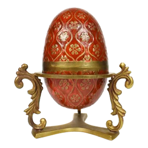 Mid 20th Century Vintage Gold Solid Brass Red Enamel Cloisonné Egg Box With Stand