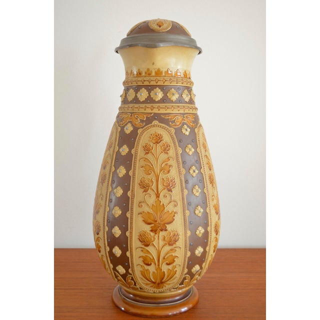 Stoneware wine or beer mug from the historicism period - Beautiful floral relief decoration - Pewter lid with stoneware -...