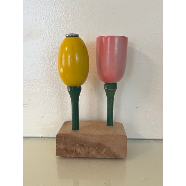 Mid-Century Modern Rare Danish Mid Century Handmade Carved Tulip Flower Salt & Pepper Set on Burlwood Stand For Sale - Image 3 of 11