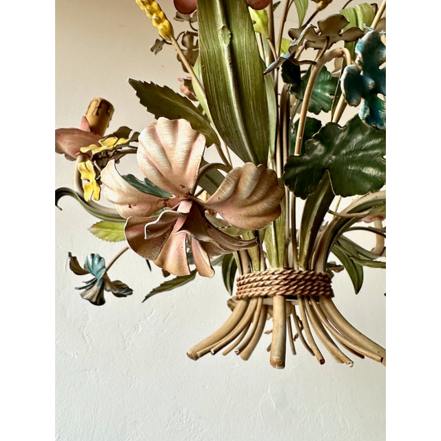 French Polychrome Floral and Wheat Tole 5-Light Chandelier, 1960s For Sale - Image 10 of 18