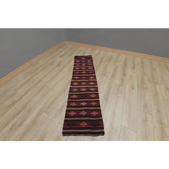 1970s Rustic Burgundy Striped Cecim Kilim Rug For Sale - Image 13 of 13