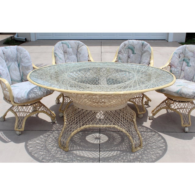 Mid-Century Modern Vintage Russell Woodard Spun Fiberglass 5-Piece Dining Set – Oval Turquoise-Tinted Glass Top Table & 4 Swivel Chairs | Mid-Century Modern For Sale - Image 3 of 18