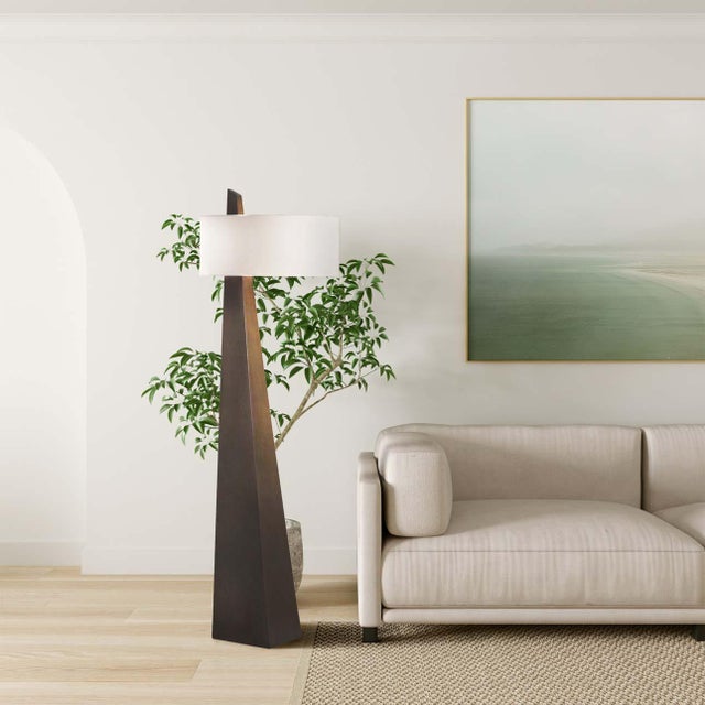 Obelisk Floor Lamp - 63", Dark Walnut Wood, White Cotton-Linen Shade For Sale - Image 4 of 13