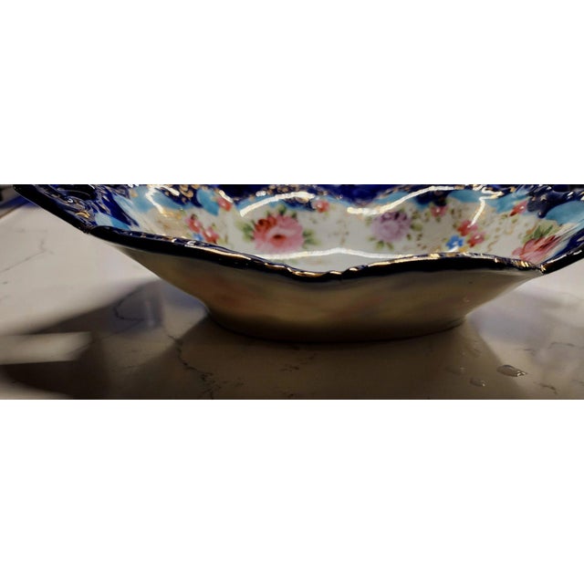 Nippon Moriage Hand Painted Cobalt Blue Gilt Floral Oval Porcelain Dish 1910-30s For Sale In Panama City, FL - Image 6 of 8