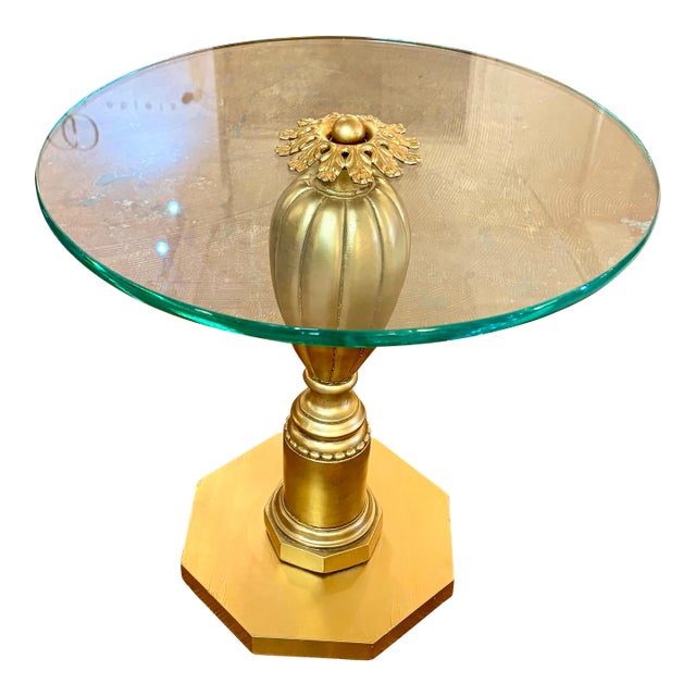 Vintage Hollywood Regency Gilt Pedestal Accent Table With Glass Top For Sale