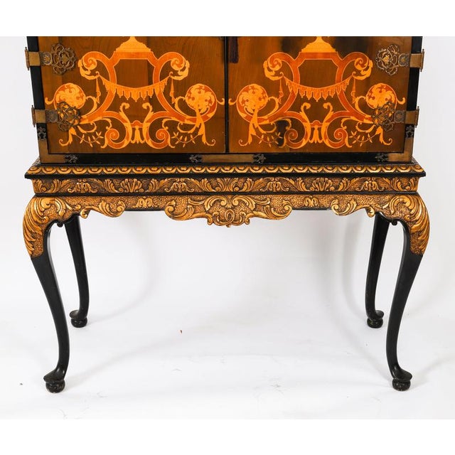 Black Antique Black Lacquered Marquetry Cocktail Cabinet on Stand, 1930s For Sale - Image 8 of 15