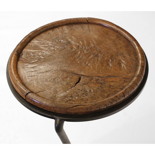 Postmodern Burr Oak & Steel Pudding Bowl Side Tables by Sculptor Philip Hearsey, 1990s, Set of 2 For Sale - Image 3 of 18
