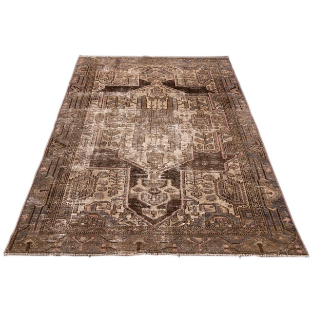 Shabby Chic Vintage Persian Distressed Handmade Brown Geometric Wool Rug For Sale - Image 3 of 9