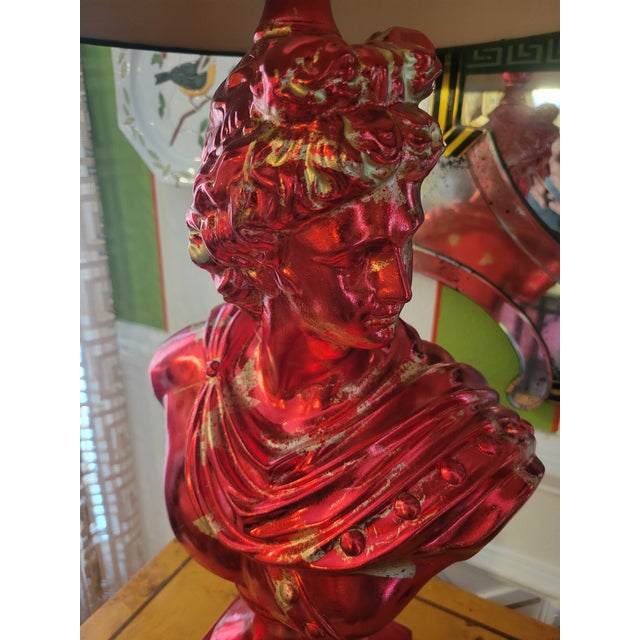 1990s Custom Finished Red, Gold Leaf Greek Goddess Black Shade Greek Key Trim Tall Table Lamps Tony Duquette Style - a Pair For Sale - Image 14 of 15