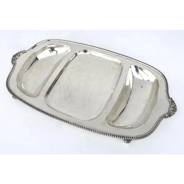 Late 19th Century Silver Plated Shaped Three Part Divided Serving Tray Platter Gadrooned Border with "Juices Reservoir" For Sale In Denver - Image 6 of 8