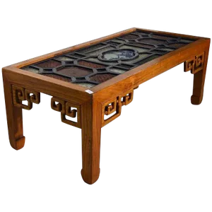 Antique Wood Coffee Table With Stained Glass Top From 19th Century, China