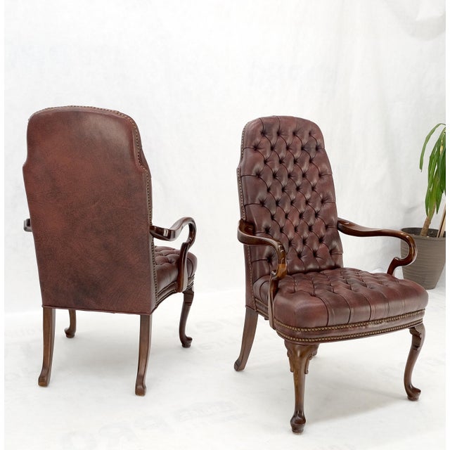 Pair Burgundy Leather Queen Anne Tufted Upholstery Walnut Armchairs MINT For Sale - Image 9 of 17