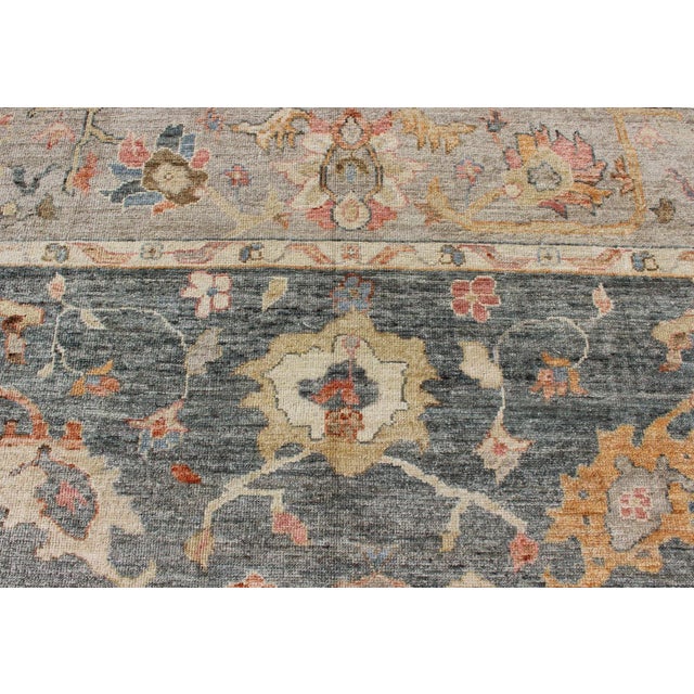 Dark Pink Keivan Woven Arts Angora Turkish Oushak Rug in Dark Green, Silver Gray, Orange, and Hints of Pink For Sale - Image 8 of 10