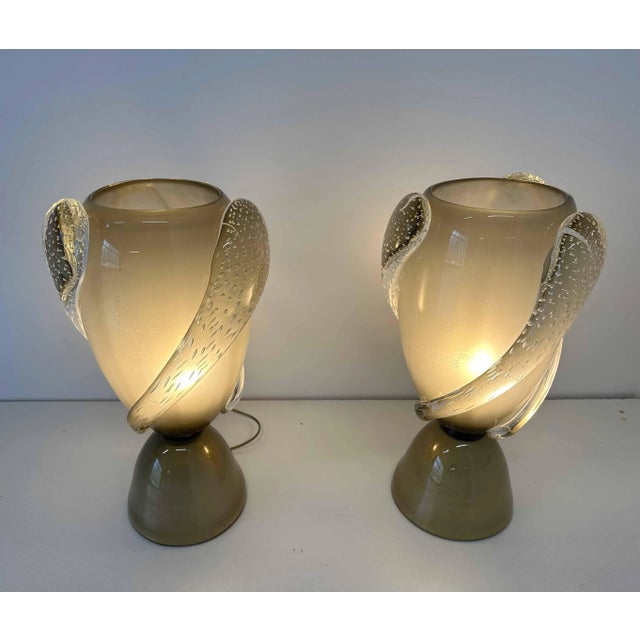 Art Deco Italian Grey and Gold Leaf Murano Glass Vase Lamps, 2000s, Set of 2 For Sale - Image 7 of 11