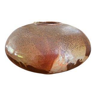 Early 21st Century Boho Signed Studio Pottery Vase, Large Organic Modern Ceramic Vessel, Earth Tone Glaze, 13” Width For Sale
