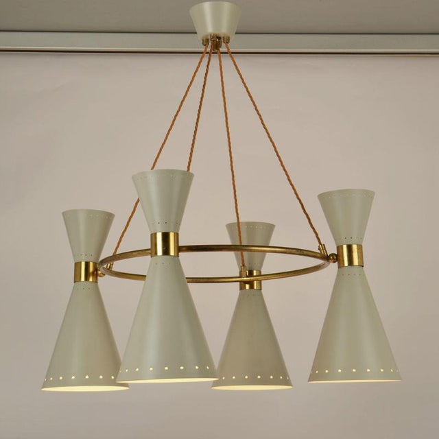 Large Hourglass Chandelier with Grey Metal Diabolo Shades on Brass Frame, 1950s For Sale - Image 6 of 18
