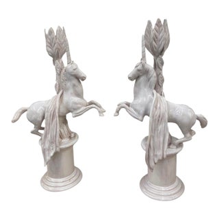 Vintage Ceramic Rearing Unicorn and Leaf Pillar Candleholders For Sale