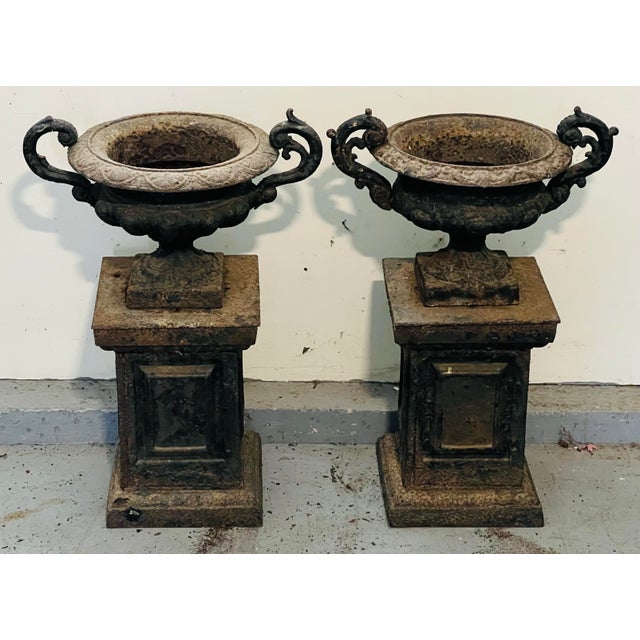 Neoclassical Antique Cast Iron Neo Classical Urns on Plinths a Pair For Sale - Image 3 of 9
