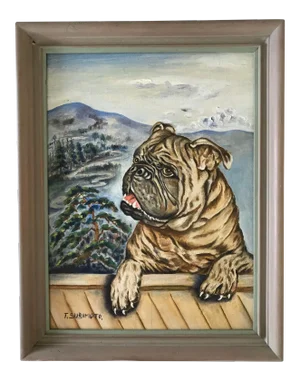Vintage Mid Century Pug Painting by T. Sugimoto