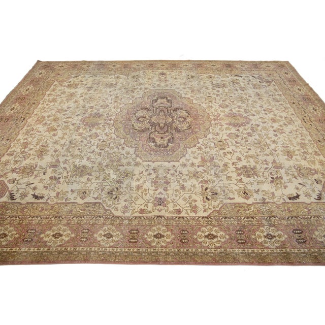 Indian 1910s Antique Indian Wool Agra Rug in Beige With Allover Design For Sale - Image 3 of 9