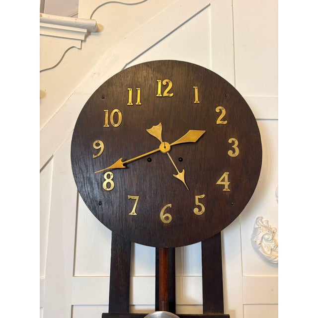 1900 - 1909 Antique Arts and Crafts Oak Wall Clock with 8-Day Striking Movement and Brass Numerals, 1900 For Sale - Image 5 of 8