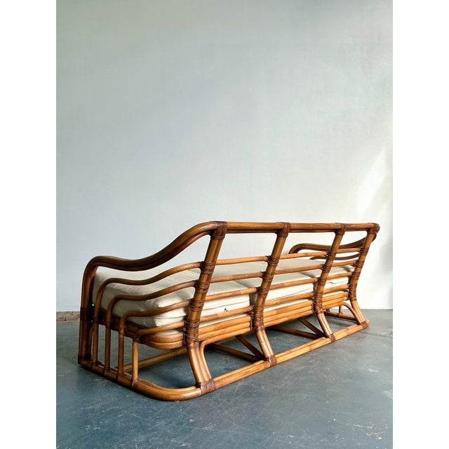 Hollywood Regency Vintage Boho Brown Jordan Bent Rattan Sofa For Sale - Image 3 of 6