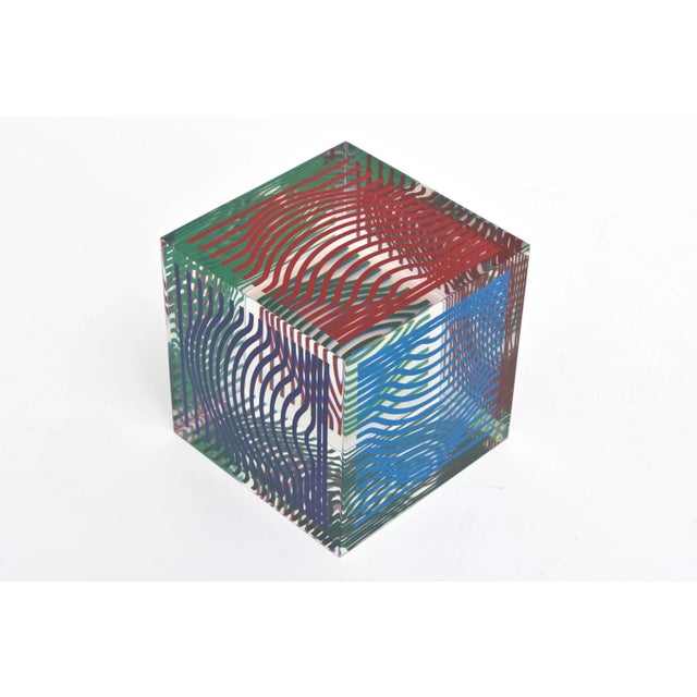 Plastic Vintage Victor Vasarely Op Art Silkscreen Acrylic Sculpture on Lucite Base Red, Blue, Green, 1970's For Sale - Image 7 of 9
