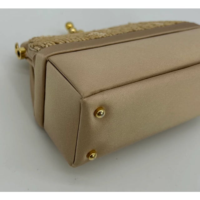 Judith Leiber Vintage Tan Silk Wood Bead Sequin Two Tier Minaudiere Bag For Sale - Image 12 of 12