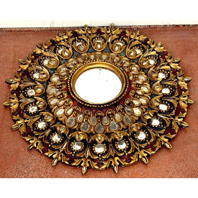 Neoclassical Italian Neoclassical Polychromed and Giltwood Sunburst Mirror For Sale - Image 3 of 9