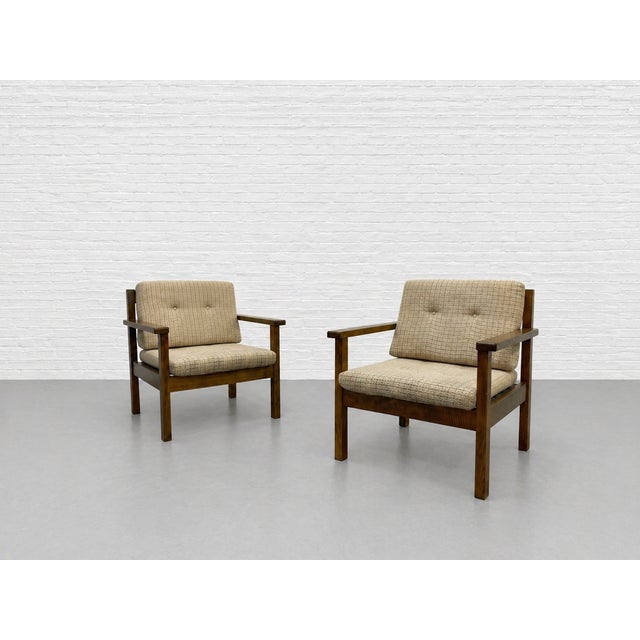 Wood Pair - Mid Century Modern Lounge Chairs | Solid Wood Frame Armchairs | Vintage Upholstered Walnut Chairs, C. 1960’s For Sale - Image 7 of 13