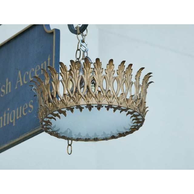 Mid 20th Century Mid 20th Century Spanish Gilt Metal Crown Chandelier with Elongated Leaves, US Wired For Sale - Image 5 of 12