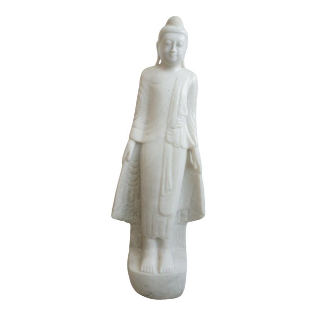 Standing Buddha Mandalay Style in Hand Carved White Marble For Sale
