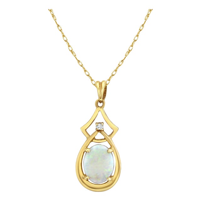 Oval Opal Necklace with Diamond Accent 14k Yellow Gold 16" For Sale