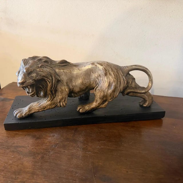 A 1940s Art Deco Silver Plate on Copper Italian Sculpture of a Roaring Lion For Sale - Image 9 of 16