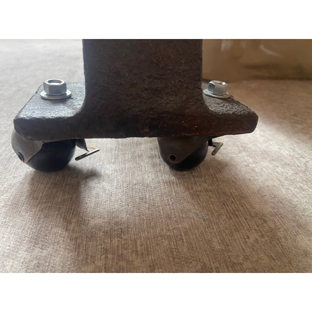 Reclaimed Bowling Alley Lane Industrial Desk With Sculptural Metal Base For Sale In New Orleans - Image 6 of 6